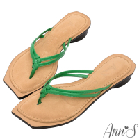 (季末換季出清)Ann’S水洗牛皮-小羊皮細帶夾腳歐美斜方頭涼拖鞋3cm-綠