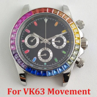 39mm VK63 Case Chronograph Diamond Bezel Rainbow Dial Men's Watch Stainless Steel Sapphire Glass for Seiko Daytona VK63 Movement