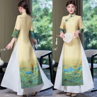 2024 traditional vietnam dress aodai improved cheongsam dress national flower print a-line qipao national evening dress vestido