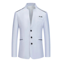 Formal Suit Blazer for Men Slim Fit Stand Collar Jacket Business Work Button Coat White/Grey/Pink/Red/Navy Blue