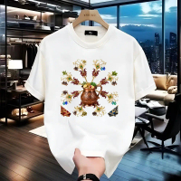 Kaos modis katun murni, santai dan trendi, wadah tembaga tradisional Bafang Laicai, kaos lengan pend