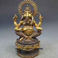 Tibet Pure Bronze 24K Gold Silver-Gilt Ganapati Elephant mammon Buddha Statue