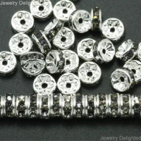 200pcs/lot Black Dia mond 8mm Top Quality Czech Rhinestone Pave Rondelle Metal Silver Plated Spacer Loose Beads Jewelry Making