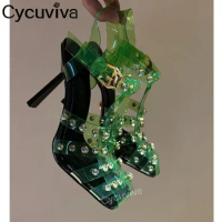 PVC Hollow Studded Dress Sandals Women Ankle Strap Nailed Stiletto Jelly High Heels Formal Party Shoes Ladies Gladiator Sandals