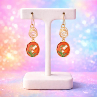 Anting juntai enamel pendant merah motif bunga