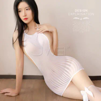 緋聞女王．性感條紋掛脖繫帶透視包臀連身貓裝(白色)