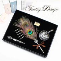 Vintage Peacock Quill Feather Dip Pen Fountain Writing Ink 5 Nibs Letter Opener Gift Box Calligraphy Stationery School Supplies