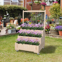 Natural 3-Tiers Raised Garden Bed with Wheels,Trellis,Back Storage Area,53" Easy Movable Wooden Planter Boxes for Flowers
