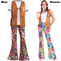 Men Women 60s 70s Hippie Disco Costume Clothes Ladies Hippy Fringe Tops Bell Pants Party Flare Dress Outfit For Adult Couples