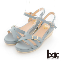 【bac】簡約交叉皮帶環楔型涼鞋-水藍
