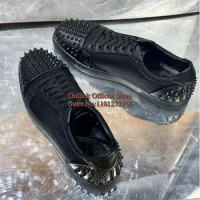 Black Rivets Lace Up Men Casual Loafers Shoes High Quality Round Toe Spikes Flat Low Top Outside Shoes Rubber Sole Size48