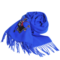 MOSCHINO BOUTIQUE 義大利製奧莉薇刺繡圖騰美麗諾羊毛圍巾(寶藍色)