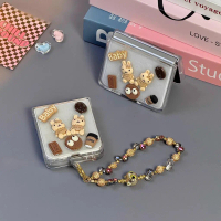 เคสโทรศัพท์สร้อยข้อมือกระต่ายกาแฟ 3D กลิตเตอร์โปร่งใส เหมาะสำหรับ Samsung Galaxy Z Flip 7 6 5 5G พร้