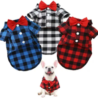 Pet Dog Clothes Plaid Shirt Suit Tie Gown Spring Summer Puppy Coat Teddy Bear Pomeranian Vest Small-Medium Dog Cat Pet Costume