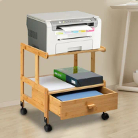 Mobile Printer Stand Holder with Storage Shelf Rolling Cart with Wheels Bamboo Rack for Home and Office
