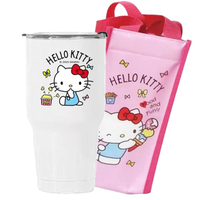 小禮堂 Hello Kitty 不鏽鋼冰霸杯附尼龍保冷收納袋 900ml (白坐姿款)