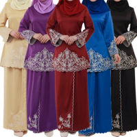 2PCS Women Muslim Sets Casual Dubai Outfits Islamic Clothes Elegant Long Sleeve Tops Skirts Sets Solid Malaysia Baju Kurung Suit