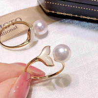 DIY珍珠配件 925銀珍珠戒指空托 K金版魚尾指環托 配8-10mm圓扁珠