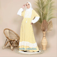 Gamis bahan rayon motif garis kombinasi brokat - Kuning