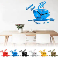 New Creative Coffee Cup Shaped Wall Clock Decorations Wall Sticker Battery Operated Acrylic Mirror Clock For Home Offices Decor