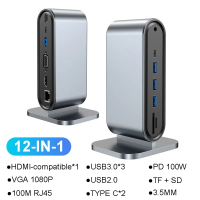 แท่นวาง USB C 12-in-1 PD 100W USB C HUB ประเภท C เป็นอะแดปเตอร์ HDMI 4K 30Hz VGA RJ45 USB 3.0 HUB US