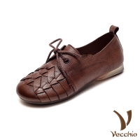 【Vecchio】真皮跟鞋 低跟跟鞋 交叉跟鞋/真皮頭層牛皮復古交叉編織綁帶舒適低跟鞋(咖)