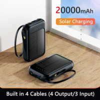 Mini Solar Power Bank 20000mAh Built in Cable Portable Charger External Battery Powerbank for iPhone 15 13 Samsung Huawei Xiaomi
