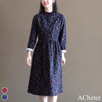 【ACheter】森系印花立領寬鬆長袖長版收腰棉麻感連身裙洋裝#119912(酒紅/藍)