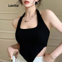 Lovito - เสื้อแขนกุดเชือกแขวนคอธรรมดาสำหรับผู้หญิง lna04102 (ขาว/ดำ) เสื้อเชือกแขวนคอ เสื้อลำลองธรรม