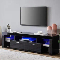 LED TV Stand for 75 Inch TV, High Gloss TV Entertainment Center with Spacious Storage Drawer, Console Table,Black/White
