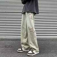 美式復古黃泥磨毛牛仔褲男高街刺繡褲子寬鬆大碼直筒vibe長褲春秋-泥巴黃 M-款式1