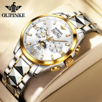OUPINKE Men's Watches Fashion Luxury Tungsten Steel Watch Strap Automatic Mechanical Watch Waterproof Moon Phase Year Month Day
