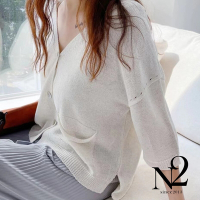 涼感針織罩衫 正韓Ｖ領落肩設計口袋造型五分袖針織罩衫外套(米白)N2