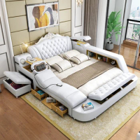 Queen Storage Frame Double Bed White Luxury Nordic Queen Living Room Smart Bed Hotel Modern Cama Matrimonial Bedroom Furniture