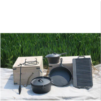 Cast iron pot camping pan grill pan outdoor camping cast iron wooden box set of pots and cookware combination grill set BBQ barb