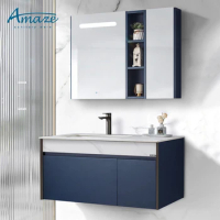 Modern Blue Hotel Furniture Floor Wall Mounted Artificial Stone Top Bathroom Vanity Set With Mirror Cabinet