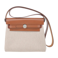 【Hermes 愛馬仕】Mini Herbag 20cm W刻 帆布斜背包(AA黃褐色/銀釦)