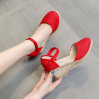 HOT★Women Fashion Shoes Sandals Casual Linen Clogs Wedge Sandials Summer Red Pink 6cm High Heel Plat
