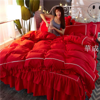 床裙式 婚慶韓版少女心純色雙人床包四件組床上用品 公主風床單被罩床裙床罩四件組 喜慶床組 單人床包三件組枕頭