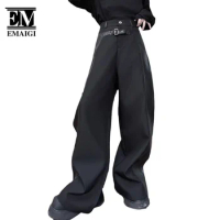Men Leather Splice Streetwear Fashion Loose Casual Hip Hop Biker Pants Male Harajuku Dark Black Motorcycle Baggy Pants