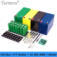 Turmera 12V 7Ah to 20Ah Battery Storage Box 3S 20A BMS 3X7 18650 Holder with Welding Nickel for Motorcycle Replace Lead-Acid Use