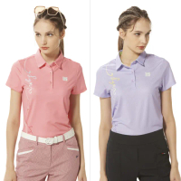 【Lynx Golf】女款吸溼排汗洞洞布材質後背剪接設計Lynx草寫緞帶印花短袖POLO衫/高爾夫球衫(二色)
