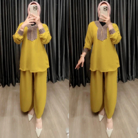 Oneset Viona Renda Crinkle Airflow By Batik Aksa Polos baju  wanita  setelan Atasan Bawahan