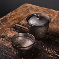 日式鎏金復古手抓壺鐵銹釉茶壺旅行粗陶瓷快客杯一壺兩杯功夫茶具開業贈禮 開業禮品開店禮品 送禮
