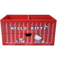 小禮堂 Hello Kitty 木製收納盒 橫式 單抽 三格 抽屜盒 置物盒 筆筒 貨櫃造型 (紅)