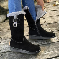 Women Winter Shoes 2024 New Chunky Heel Mid-calf Plush Snow Boots Fashion Female Warm Chelsea High Fur Boot Botas Mujer Invierno