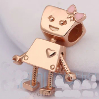 Genuine 925 Sterling Silver Bead Charm Rose Gold Cute Bella Bot Robot Beads Fit Bracelet Bangle Necklace Diy Jewelry