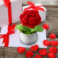 Cute Style DIY Handwoven Simulation Pot Knitting Rose Flower Potted Plants Thread Crochet Knitted Finished Rose Bonsai