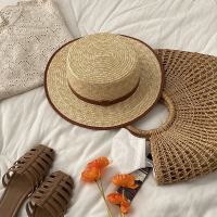 草帽 法式小香平頂麥稈草帽女夏季海邊沙灘度假巴拿馬遮陽防曬草編禮帽