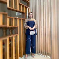 Baju Setelan Wanita Kekinian Shania One Set Polos Remaja Kombinasi Dua Warna Lengan Panjang Setcel C
